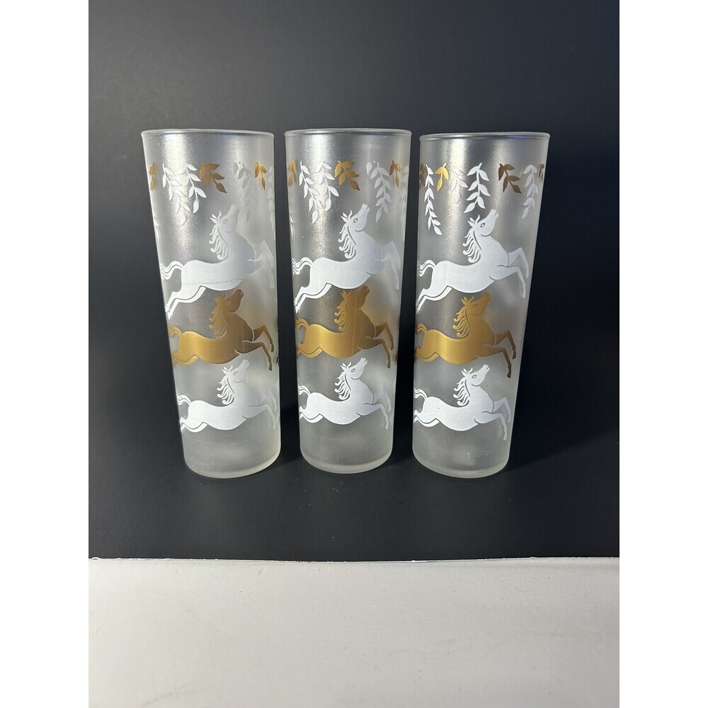 Vintage Libby Cavalcade Tom Collins Iced Tea Glasses (3)MCM Art Deco Horses
